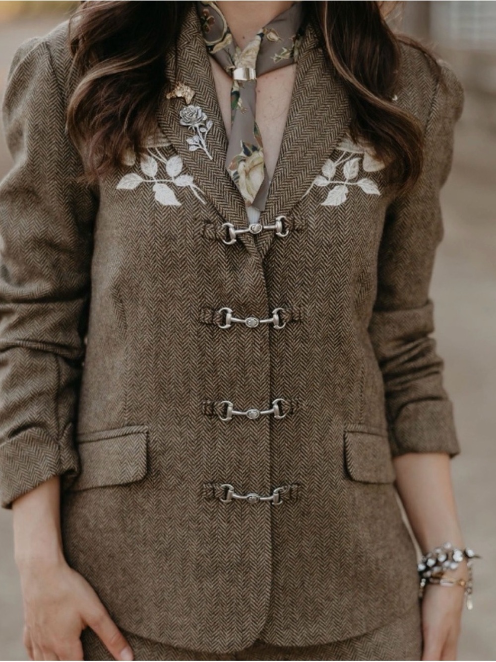 Rodeo Quincy Holman Embroidered Brown Herringbone Women's Blazer and Shorts